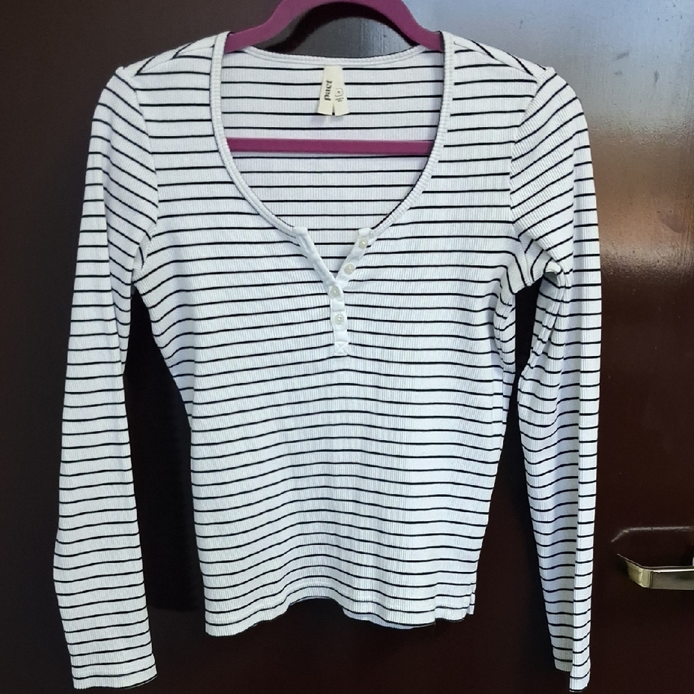 Pact Black and White Striped Long Sleeve Tee